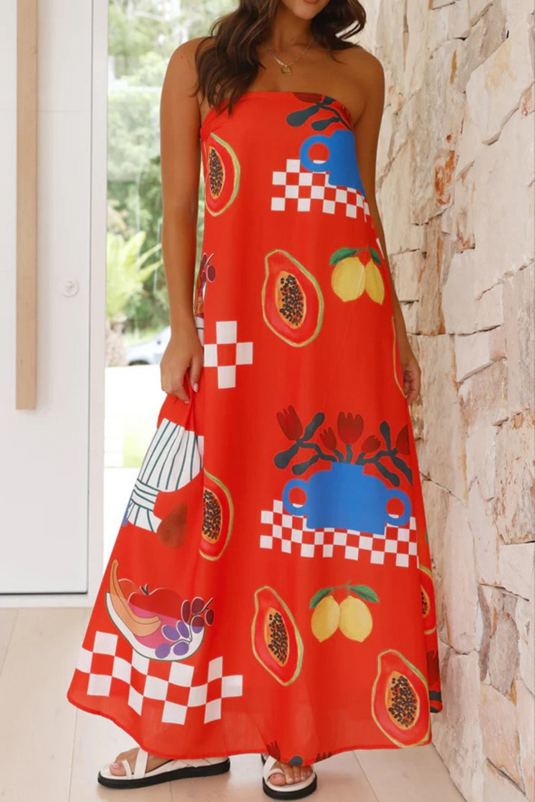 Fruit Print Tube Maxi Dress-Red