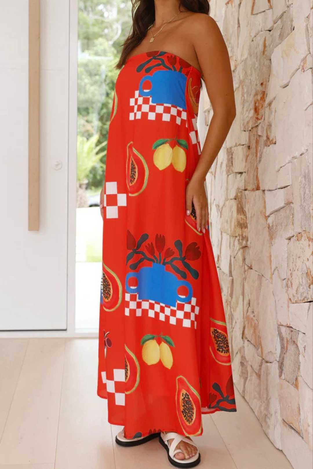 Fruit Print Tube Maxi Dress-Red