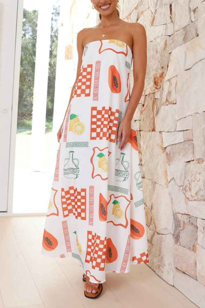 Fruit Print Tube Maxi Dress- White