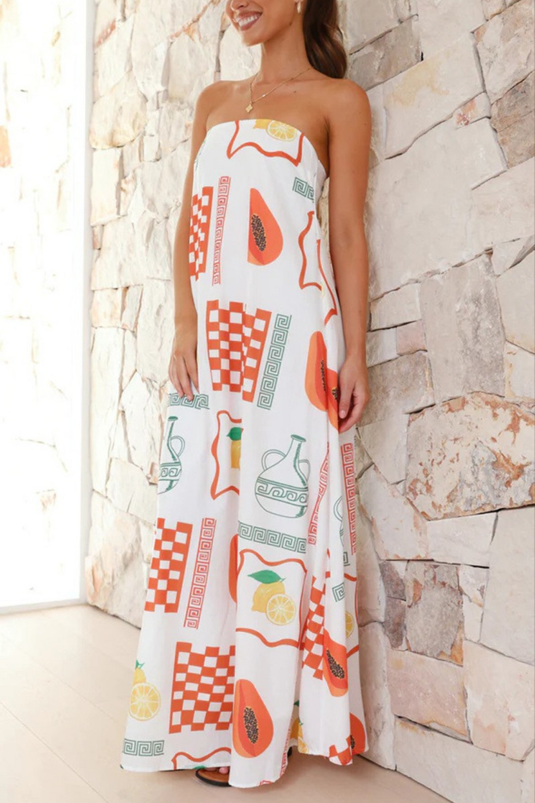 Fruit Print Tube Maxi Dress- White